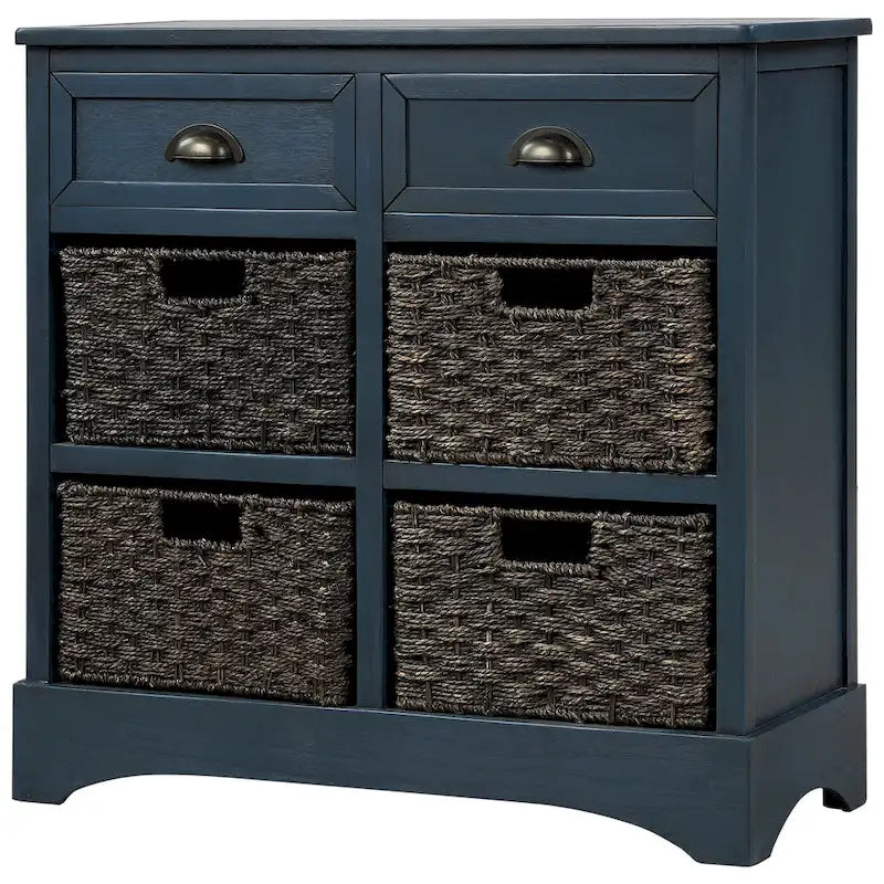 Retro Acacia Wood Storage Cabinet with Drawers and Woven Rattan Baskets