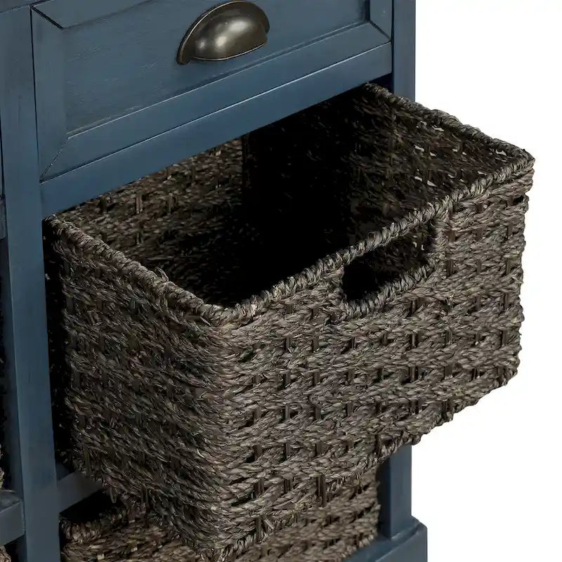 Retro Acacia Wood Storage Cabinet with Drawers and Woven Rattan Baskets