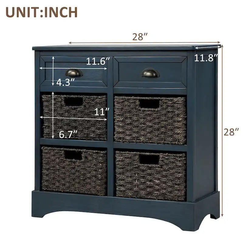 Retro Acacia Wood Storage Cabinet with Drawers and Woven Rattan Baskets