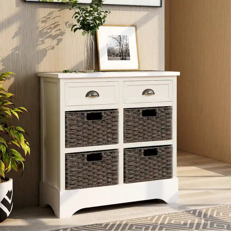 Retro Acacia Wood Storage Cabinet with Drawers and Woven Rattan Baskets