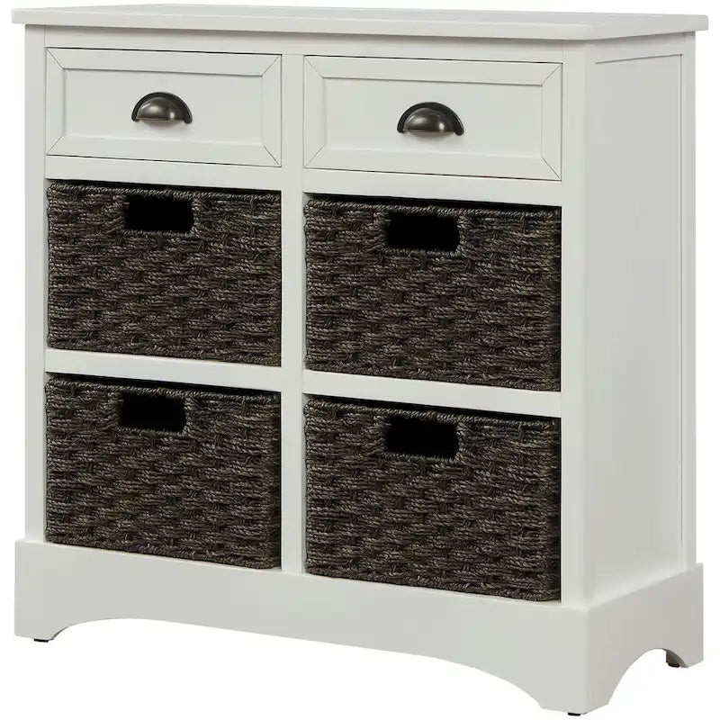 Retro Acacia Wood Storage Cabinet with Drawers and Woven Rattan Baskets