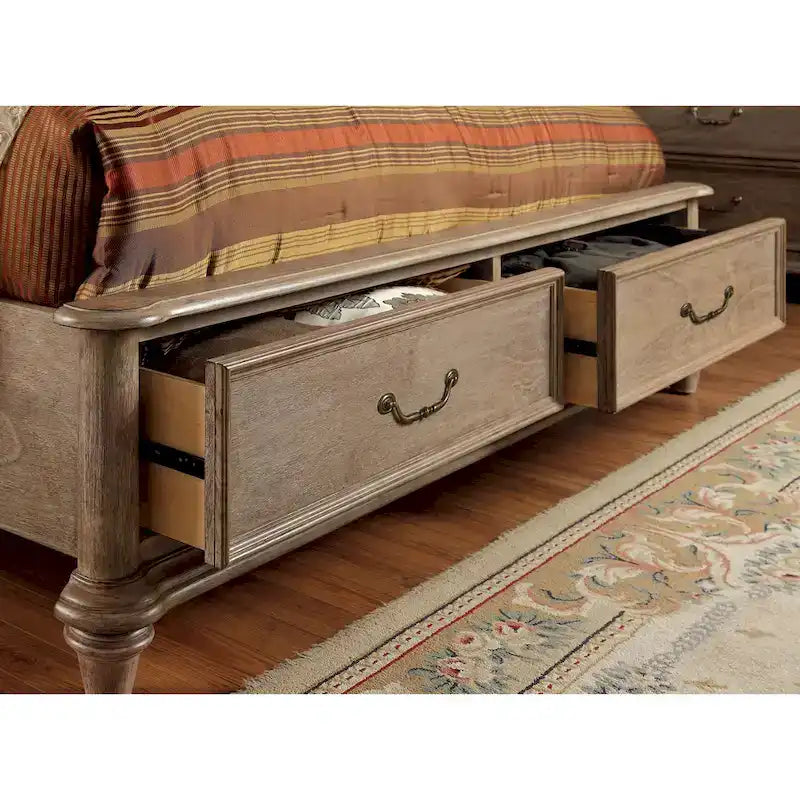 Rustic Grey Solid Wood Platform Bed with 2 Footboard Storage Drawers