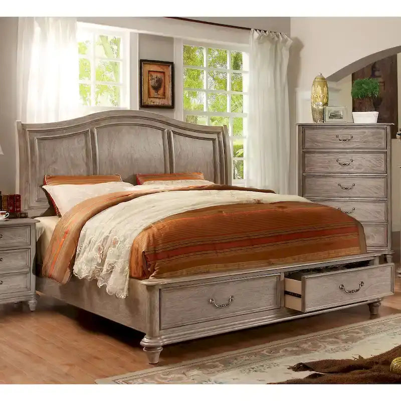 Rustic Grey Solid Wood Platform Bed with 2 Footboard Storage Drawers