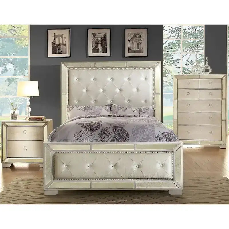 Glamorous Champagne Faux Leather Button Tufted Panel Bed with Mirror Trim