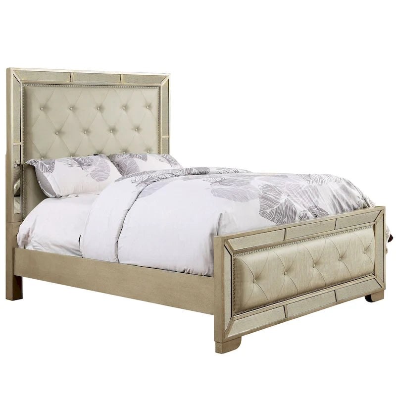 Glamorous Champagne Faux Leather Button Tufted Panel Bed with Mirror Trim