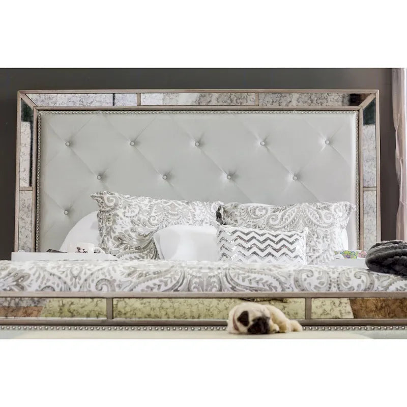 Glamorous Champagne Faux Leather Button Tufted Panel Bed with Mirror Trim