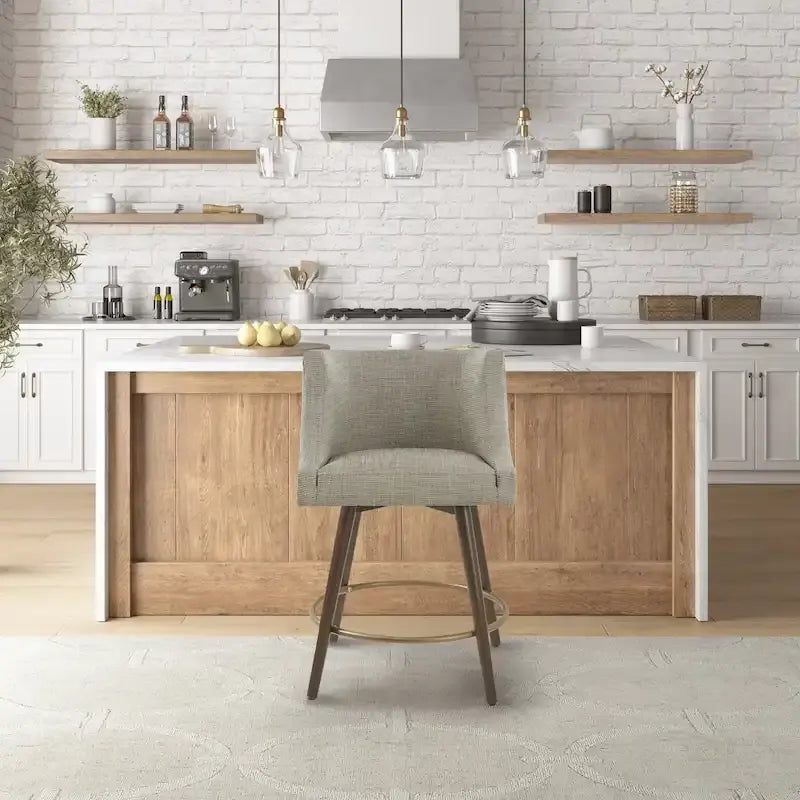 Tweed Fabric Swivel Counter Stool with Nailhead Detail and Wood Legs