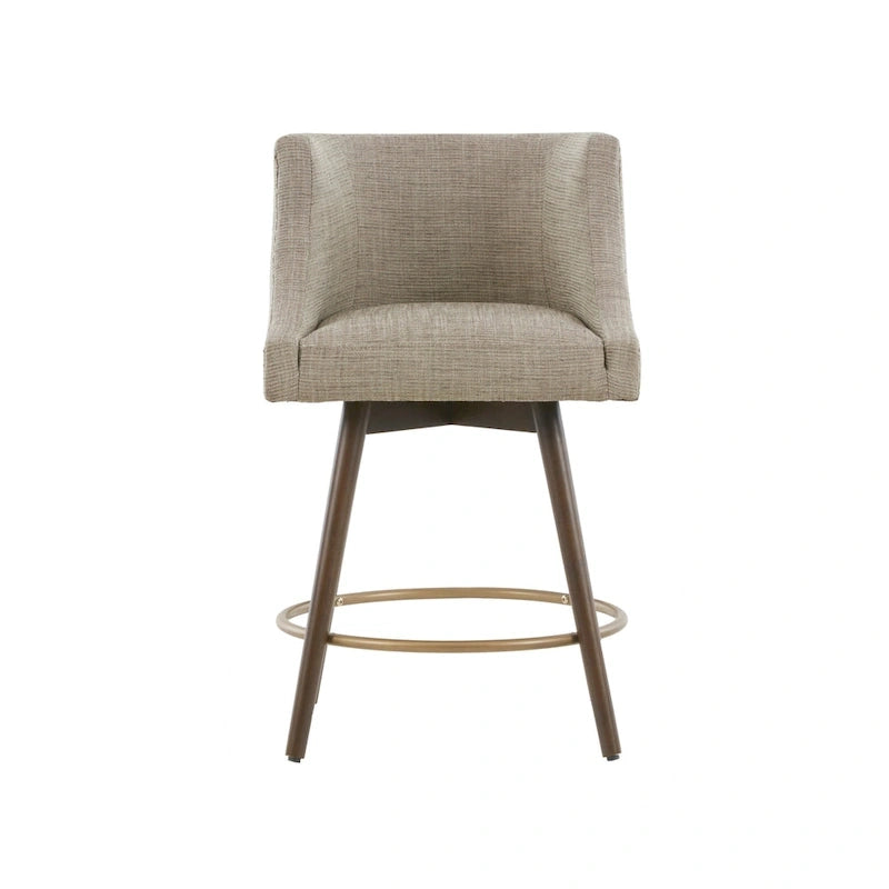 Tweed Fabric Swivel Counter Stool with Nailhead Detail and Wood Legs