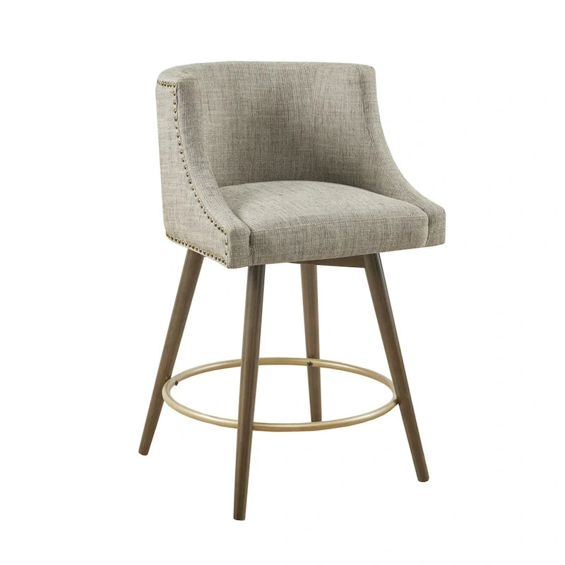 Tweed Fabric Swivel Counter Stool with Nailhead Detail and Wood Legs