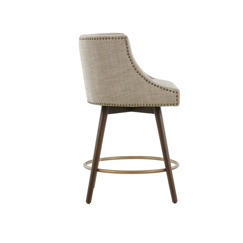 Tweed Fabric Swivel Counter Stool with Nailhead Detail and Wood Legs