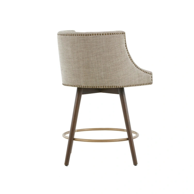 Tweed Fabric Swivel Counter Stool with Nailhead Detail and Wood Legs
