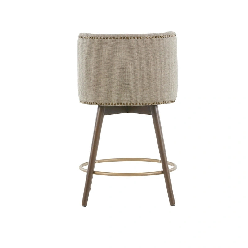 Tweed Fabric Swivel Counter Stool with Nailhead Detail and Wood Legs