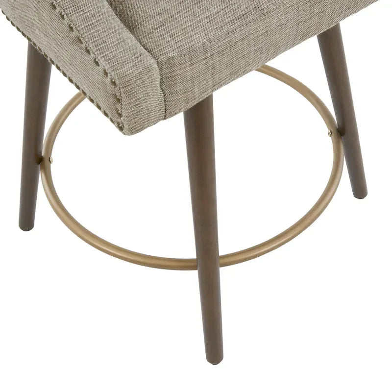 Tweed Fabric Swivel Counter Stool with Nailhead Detail and Wood Legs
