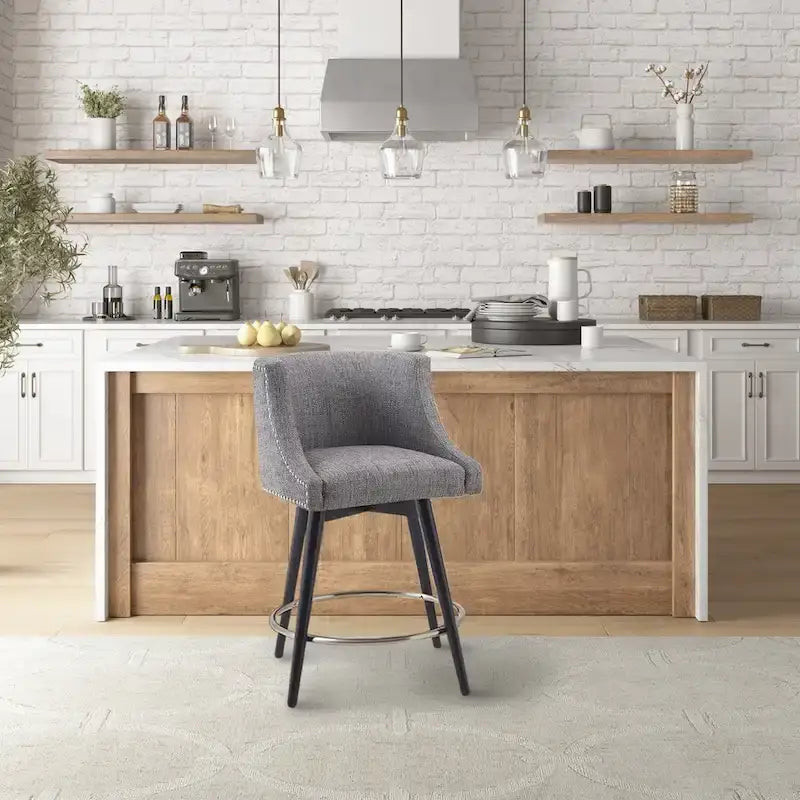 Tweed Fabric Swivel Counter Stool with Nailhead Detail and Wood Legs