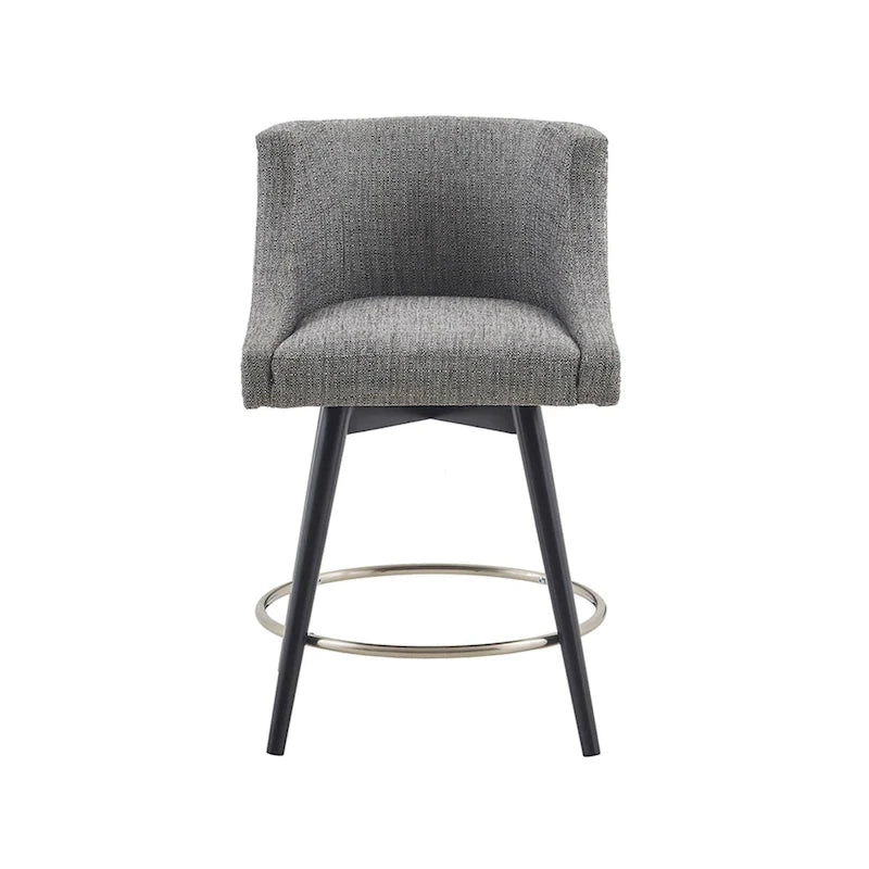 Tweed Fabric Swivel Counter Stool with Nailhead Detail and Wood Legs