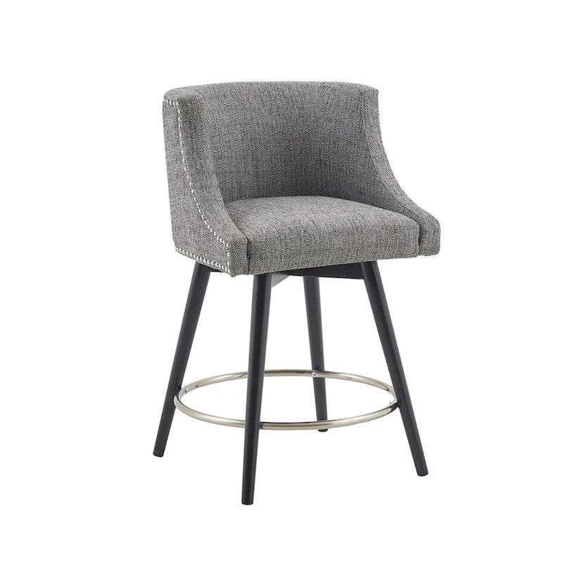 Tweed Fabric Swivel Counter Stool with Nailhead Detail and Wood Legs