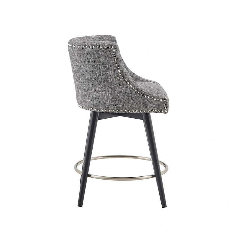 Tweed Fabric Swivel Counter Stool with Nailhead Detail and Wood Legs