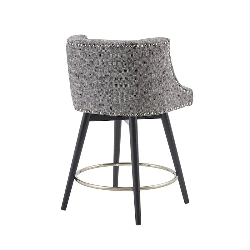 Tweed Fabric Swivel Counter Stool with Nailhead Detail and Wood Legs