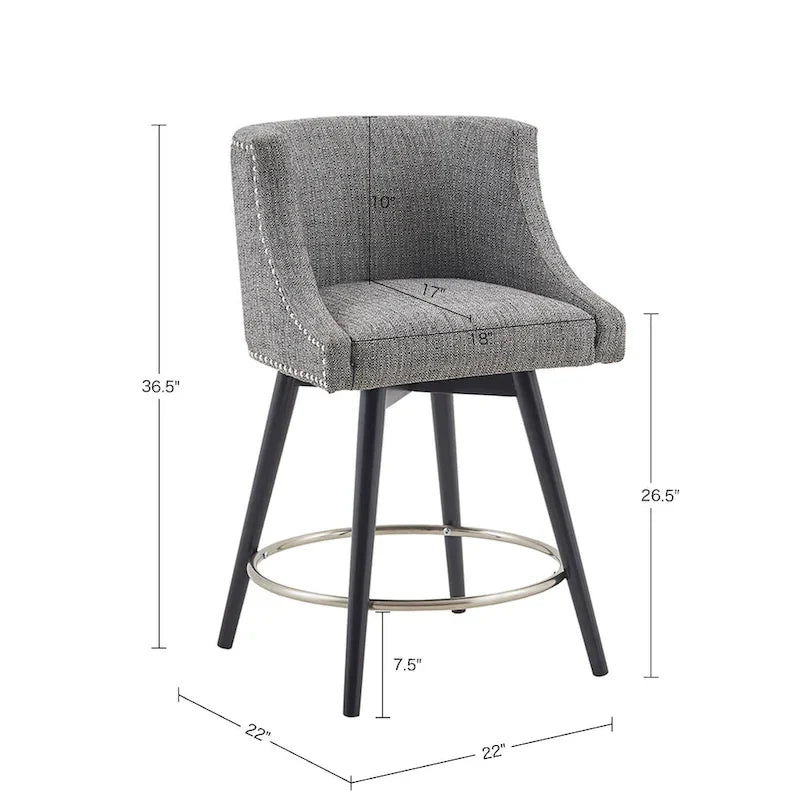 Tweed Fabric Swivel Counter Stool with Nailhead Detail and Wood Legs