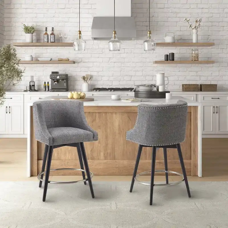 Tweed Fabric Swivel Counter Stool with Nailhead Detail and Wood Legs