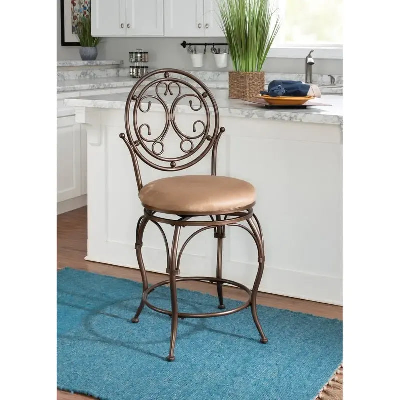 Bronze Scroll Circle Back Swivel Counter Stool with Tan Cushion