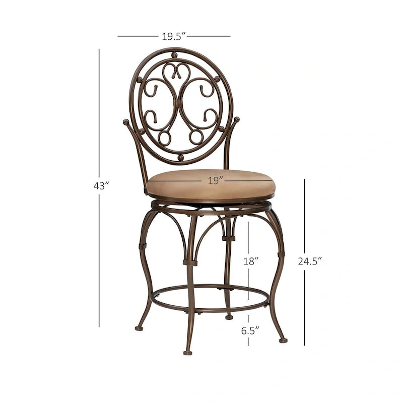 Bronze Scroll Circle Back Swivel Counter Stool with Tan Cushion