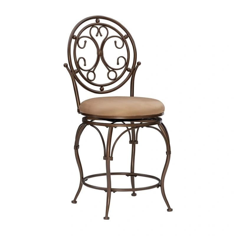 Bronze Scroll Circle Back Swivel Counter Stool with Tan Cushion