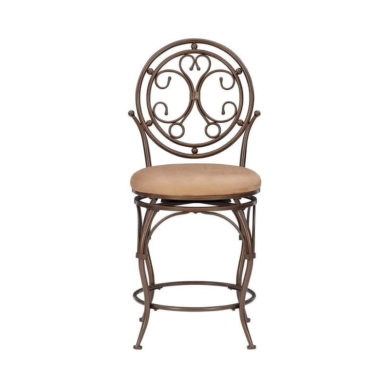 Bronze Scroll Circle Back Swivel Counter Stool with Tan Cushion