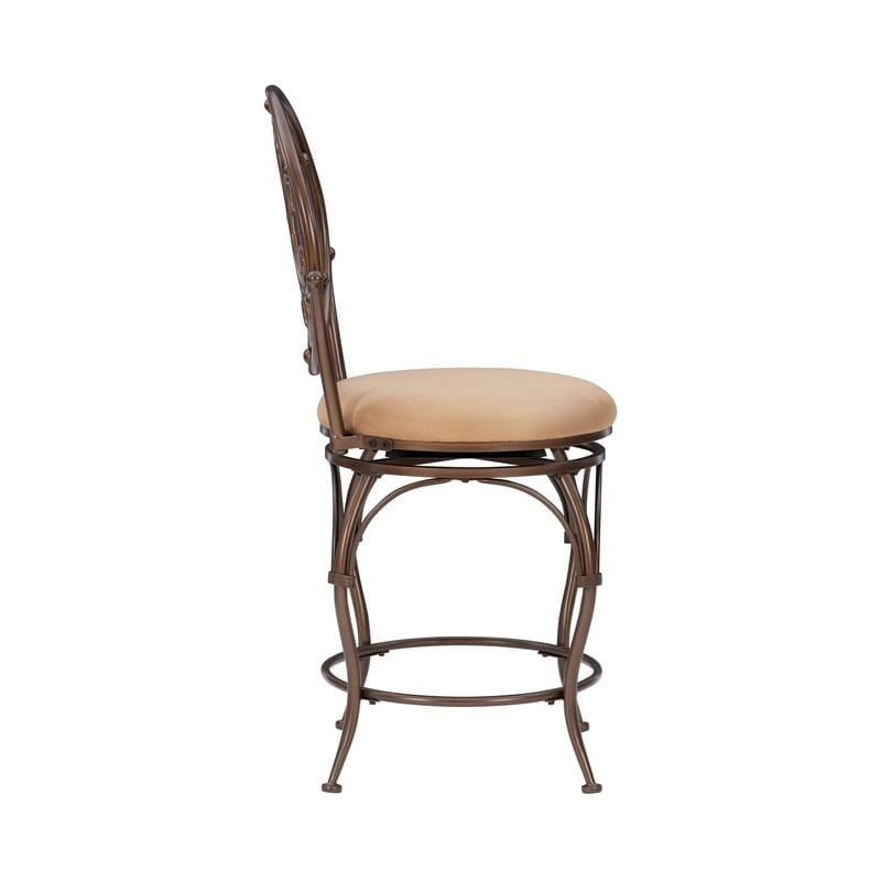 Bronze Scroll Circle Back Swivel Counter Stool with Tan Cushion