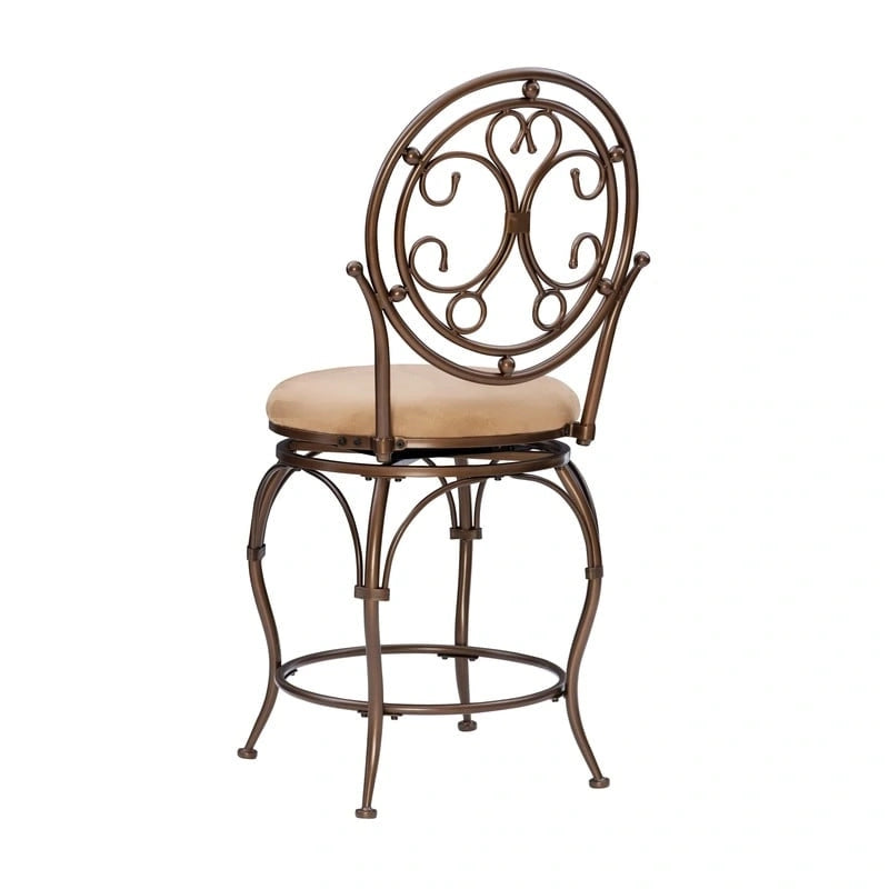 Bronze Scroll Circle Back Swivel Counter Stool with Tan Cushion