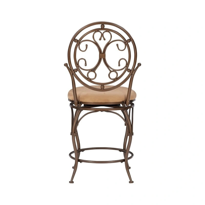 Bronze Scroll Circle Back Swivel Counter Stool with Tan Cushion