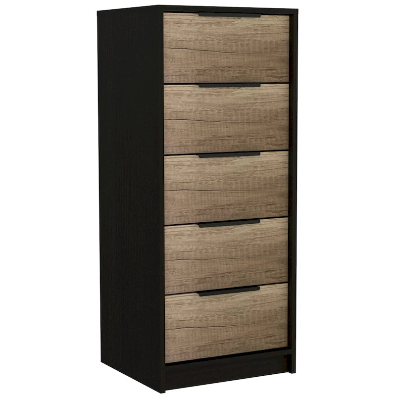5 Drawer Vertical Dresser with Modern Industrial Design, Black Oak