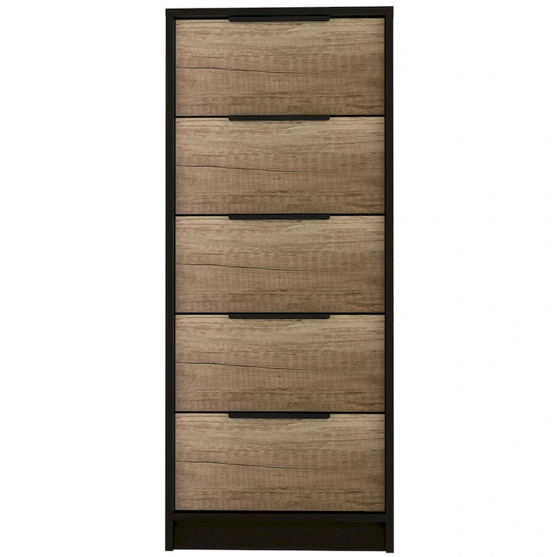 5 Drawer Vertical Dresser with Modern Industrial Design, Black Oak