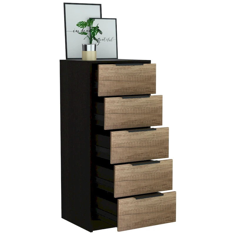 5 Drawer Vertical Dresser with Modern Industrial Design, Black Oak