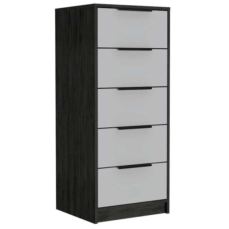 5 Drawer Vertical Dresser with Modern Industrial Design, Black Oak