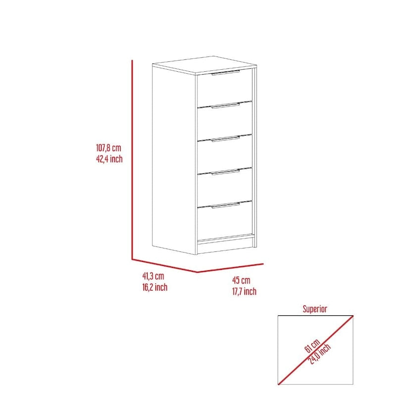 5 Drawer Vertical Dresser with Modern Industrial Design, Black Oak