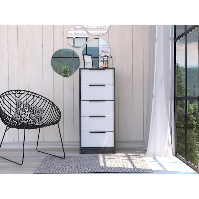 5 Drawer Vertical Dresser with Modern Industrial Design, Black Oak