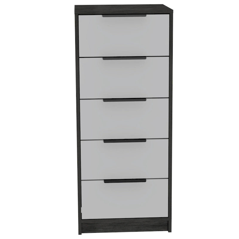 5 Drawer Vertical Dresser with Modern Industrial Design, Black Oak