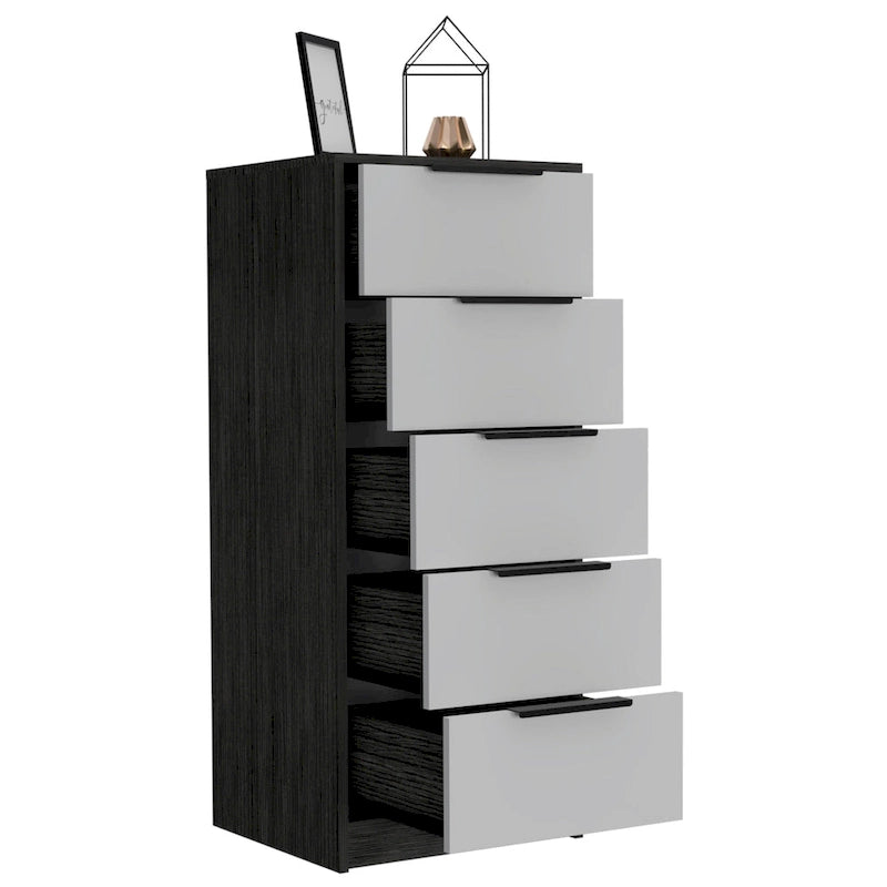 5 Drawer Vertical Dresser with Modern Industrial Design, Black Oak
