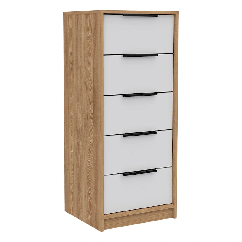 5 Drawer Vertical Dresser with Modern Industrial Design, Black Oak
