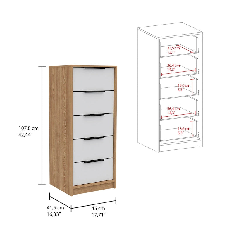 5 Drawer Vertical Dresser with Modern Industrial Design, Black Oak