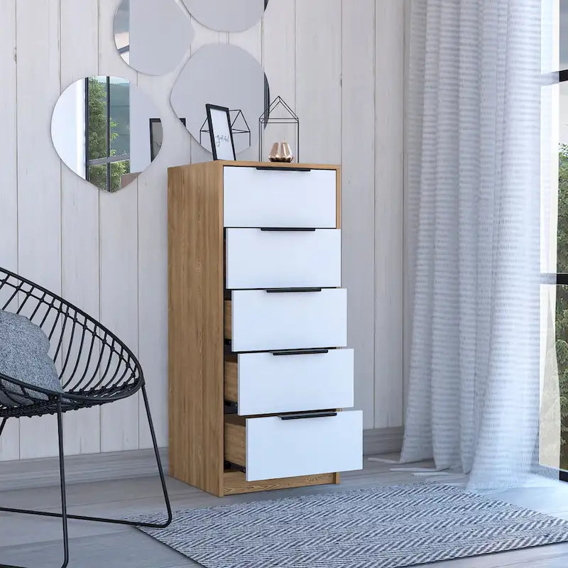 5 Drawer Vertical Dresser with Modern Industrial Design, Black Oak