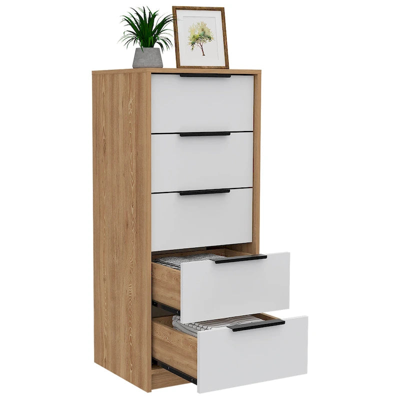 5 Drawer Vertical Dresser with Modern Industrial Design, Black Oak