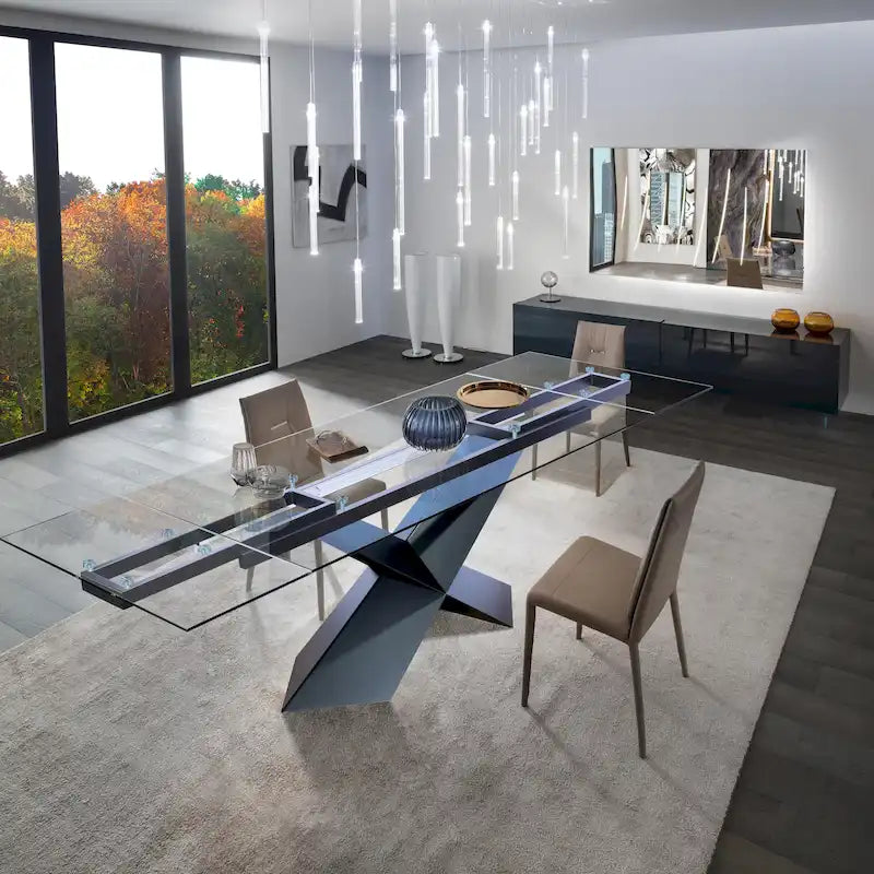 Extendable Glass Top Dining Table with Black X-Shape Metal Base