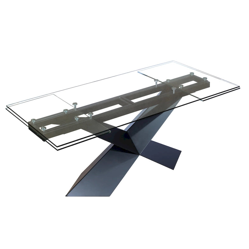 Extendable Glass Top Dining Table with Black X-Shape Metal Base