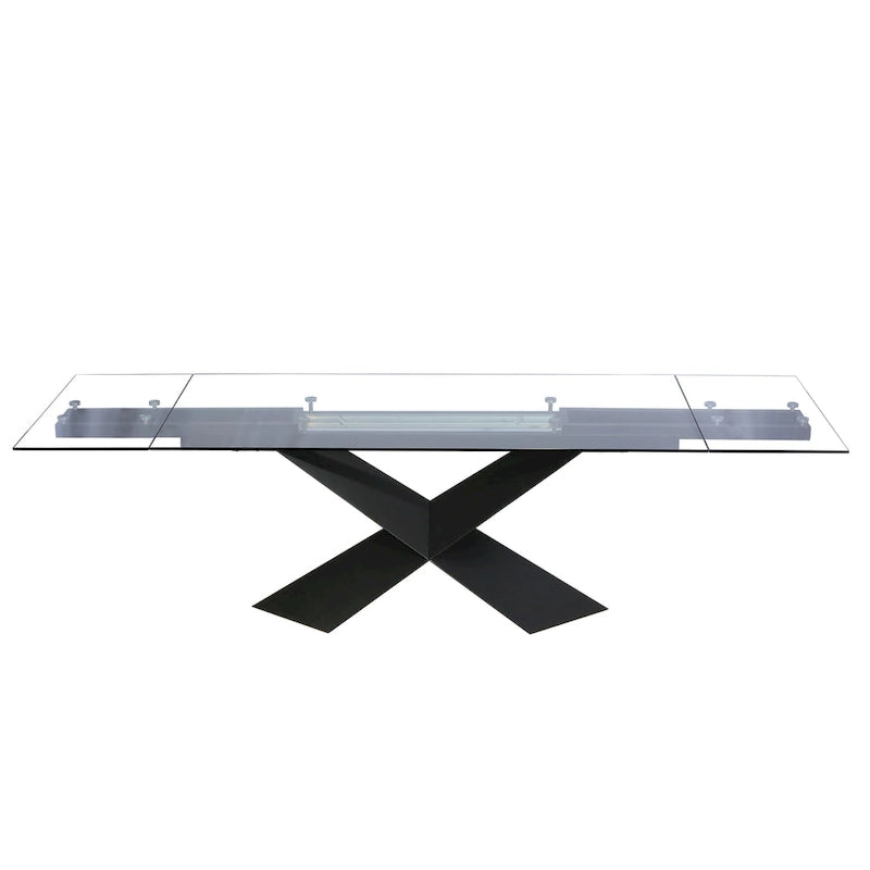 Extendable Glass Top Dining Table with Black X-Shape Metal Base