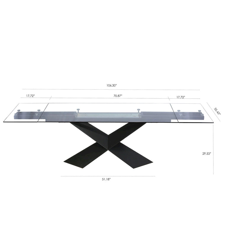 Extendable Glass Top Dining Table with Black X-Shape Metal Base