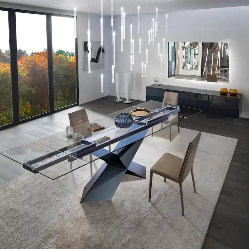 Extendable Glass Top Dining Table with Black X-Shape Metal Base