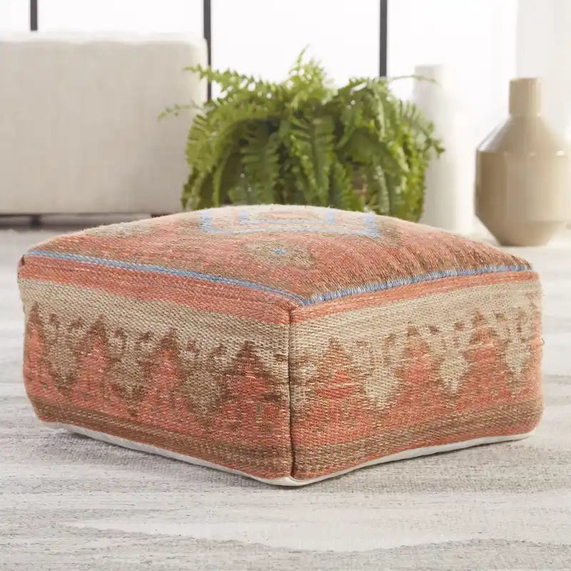 Square Pouf Ottoman Tribal Woven Footrest Orange Blue Boho Accent