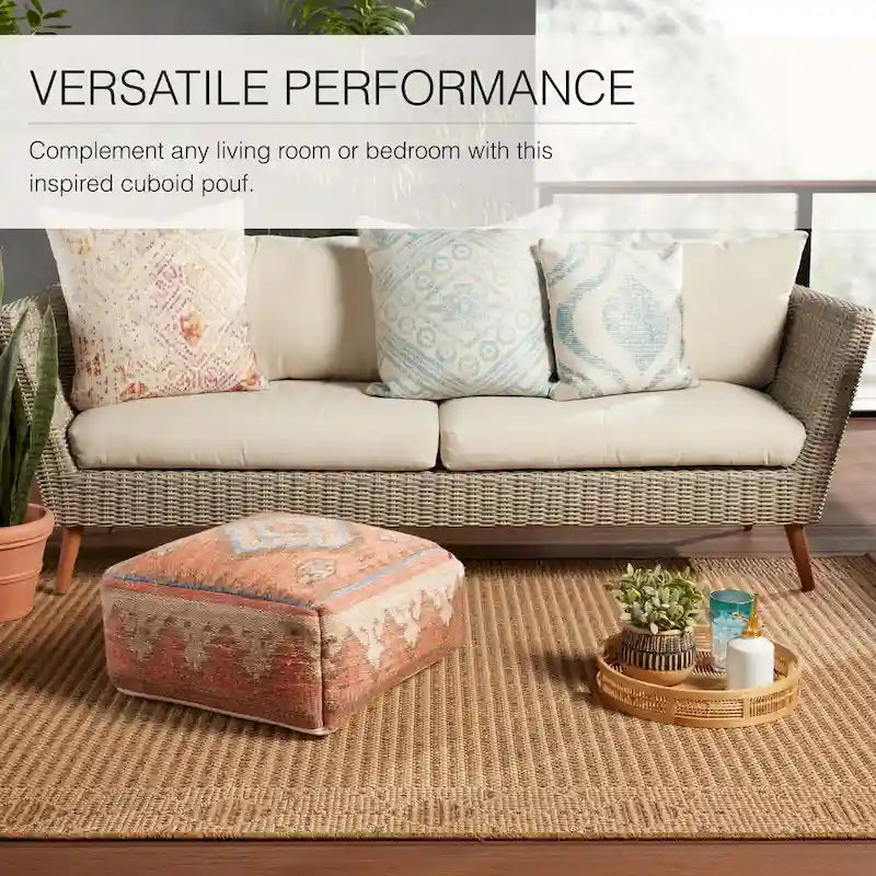 Square Pouf Ottoman Tribal Woven Footrest Orange Blue Boho Accent